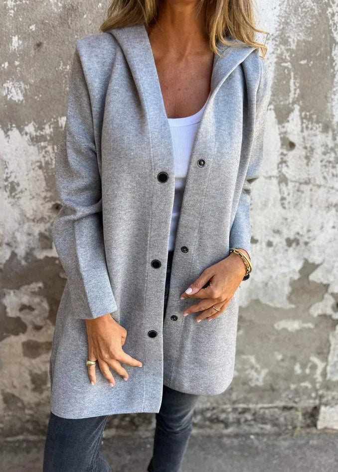 Casual Grey Hooded Button Pockets Cotton Coat Fall QY025