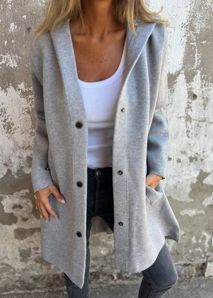 Casual Grey Hooded Button Pockets Cotton Coat Fall QY025