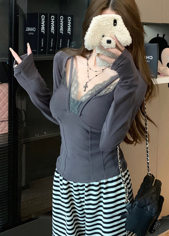 Casual Grey Patchwork Lace Halter Tops Spring YF024