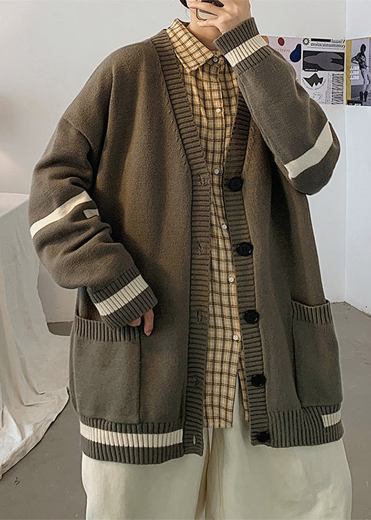 Striped Spring Grey Casual Pockets Mens Cardigans Knit