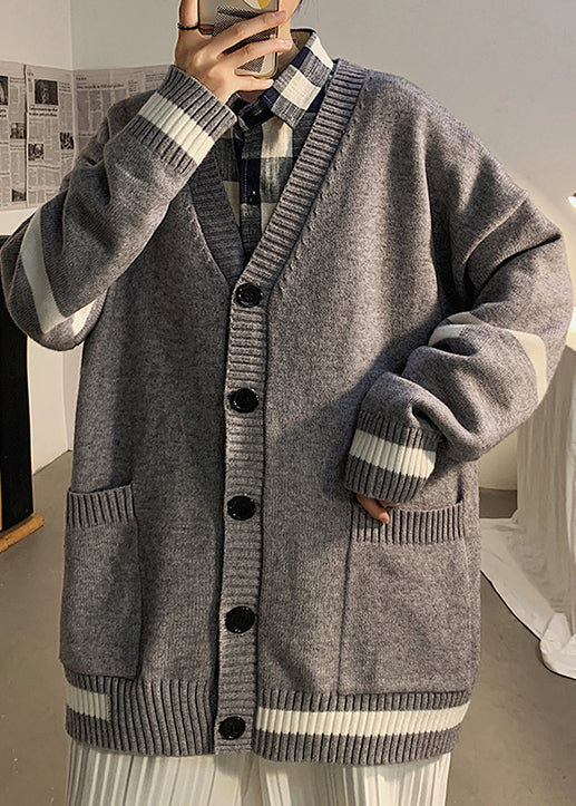 Striped Spring Grey Casual Pockets Mens Cardigans Knit