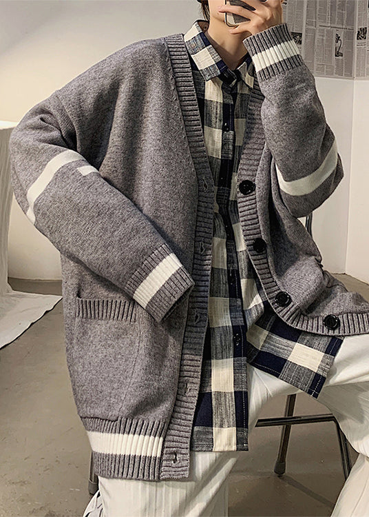 Striped Spring Grey Casual Pockets Mens Cardigans Knit