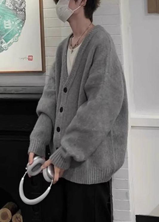 Cardigans Button Neck Spring Casual Knit V Grey Mens