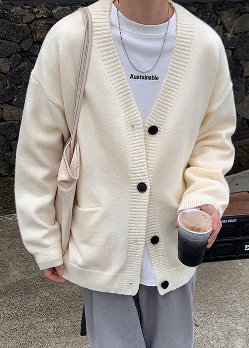 Cardigans Button Neck Spring Casual Knit V Grey Mens