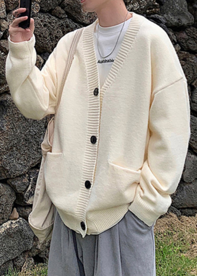 Cardigans Button Neck Spring Casual Knit V Grey Mens