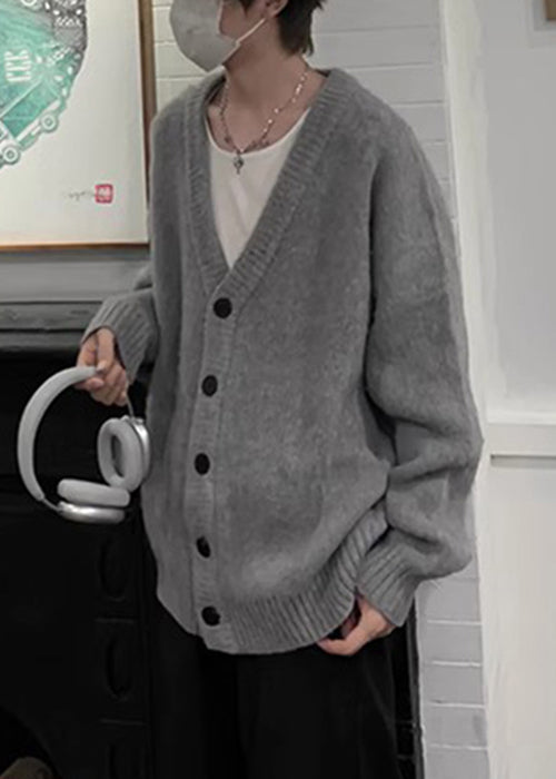 Cardigans Button Neck Spring Casual Knit V Grey Mens