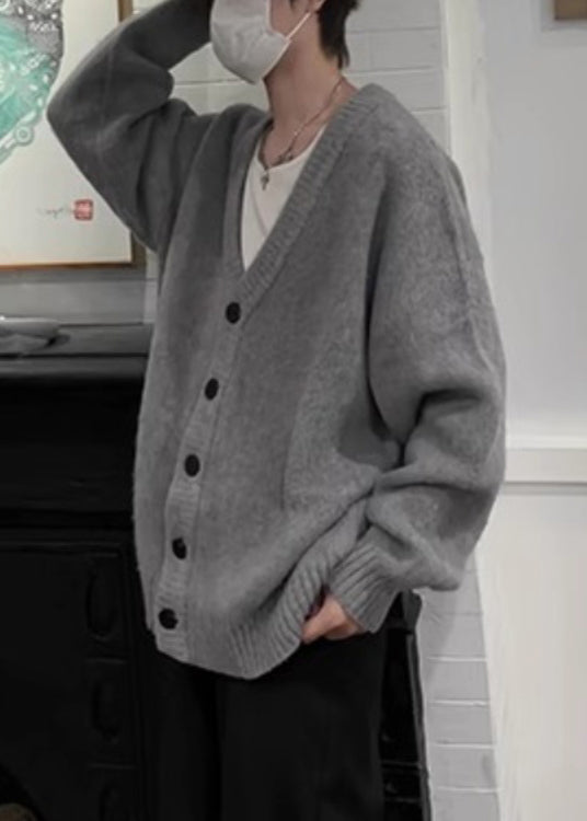 Cardigans Button Neck Spring Casual Knit V Grey Mens