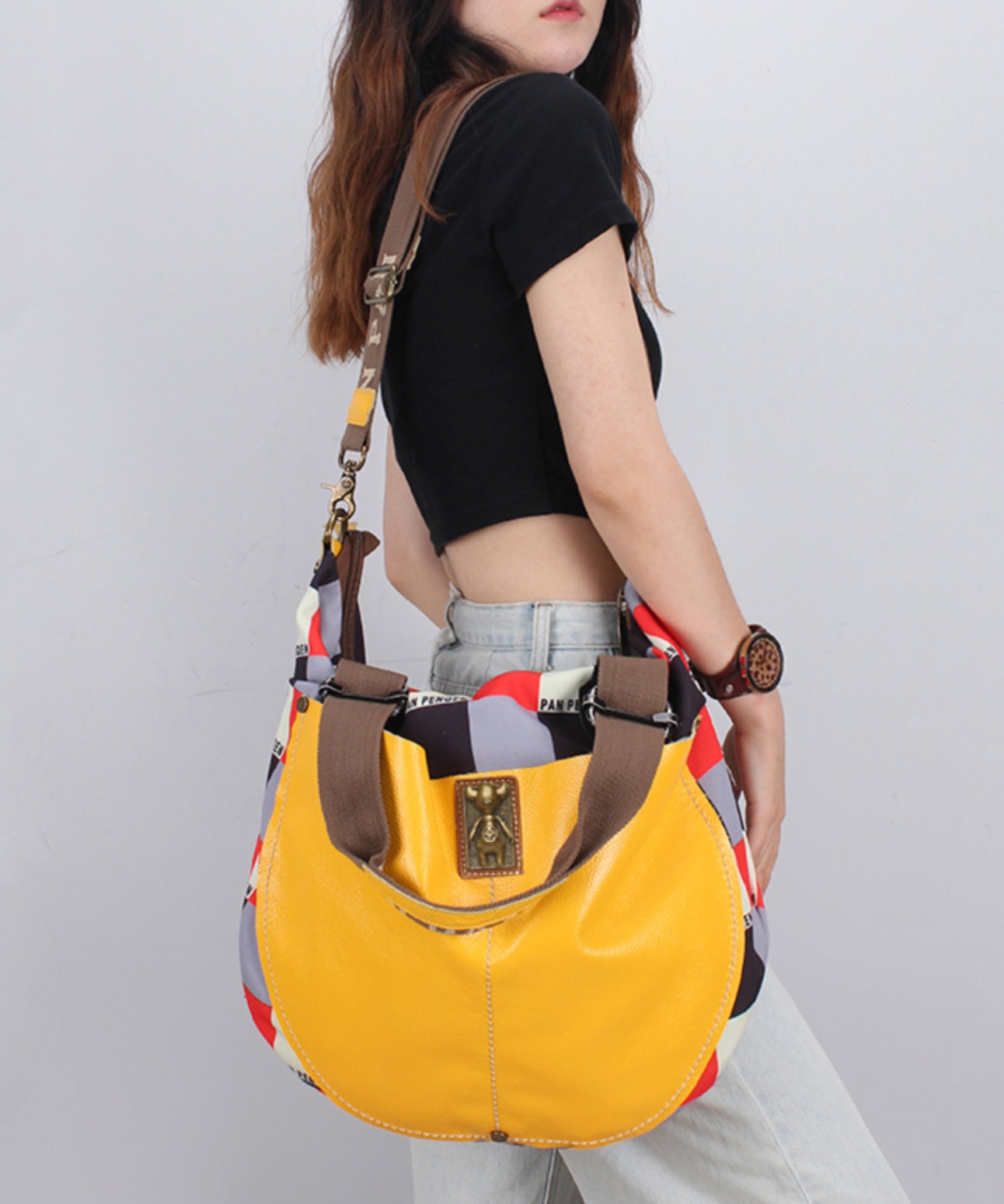 Casual High-Capacity Cowhide Patchwork Canvas Satchel Bag Handbag Ada Fashion