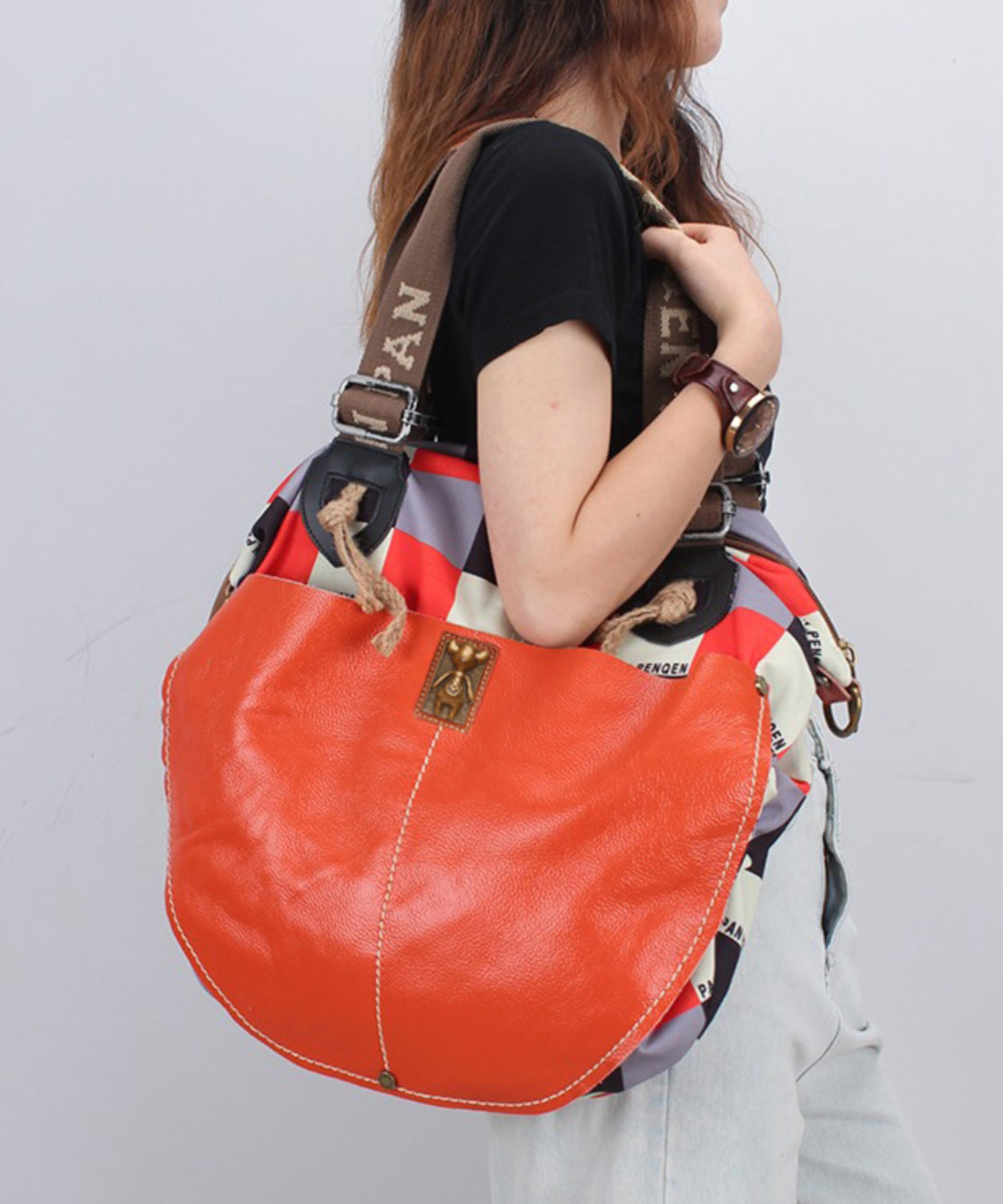 Casual High-Capacity Cowhide Patchwork Canvas Satchel Bag Handbag Ada Fashion