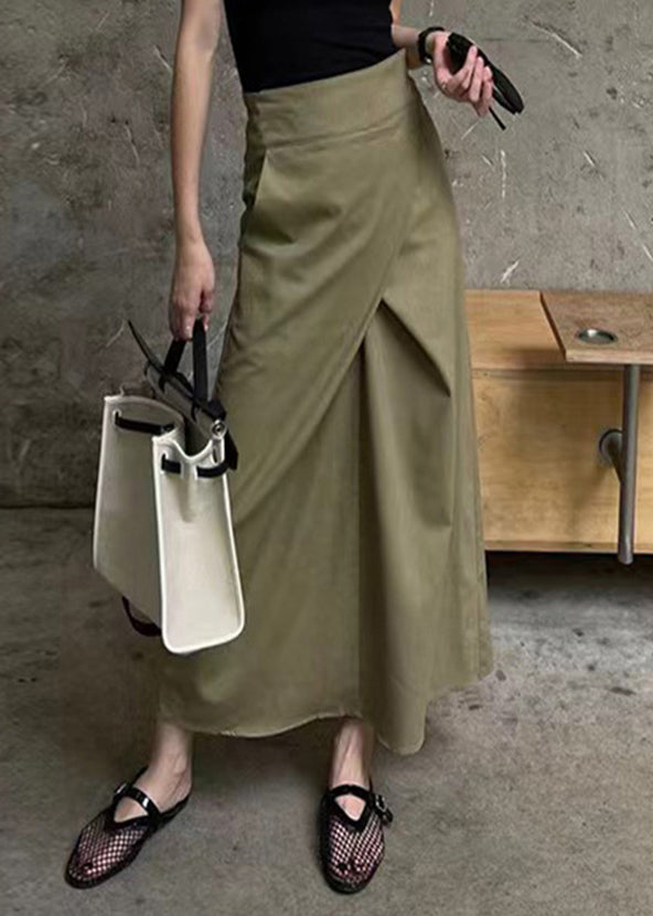 High Pockets Waist Khaki Casual Skirt Patchwork Maxi Asymmetrical