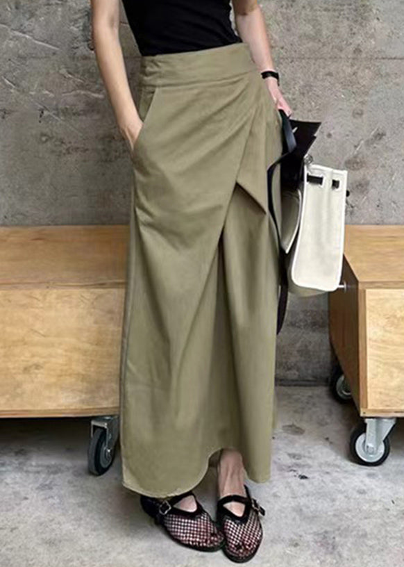 High Pockets Waist Khaki Casual Skirt Patchwork Maxi Asymmetrical