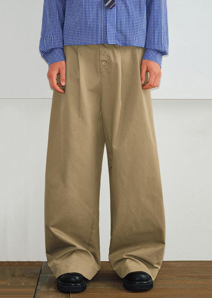 Button Pants Khaki Spring High Pockets Cotton Waist Mens Casual