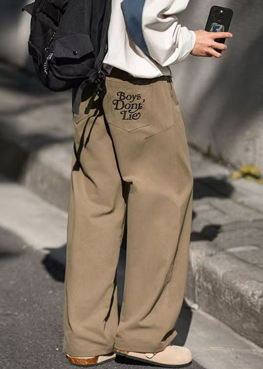 Embroideried Wide Khaki Casual Pockets Men Cotton Pants Leg