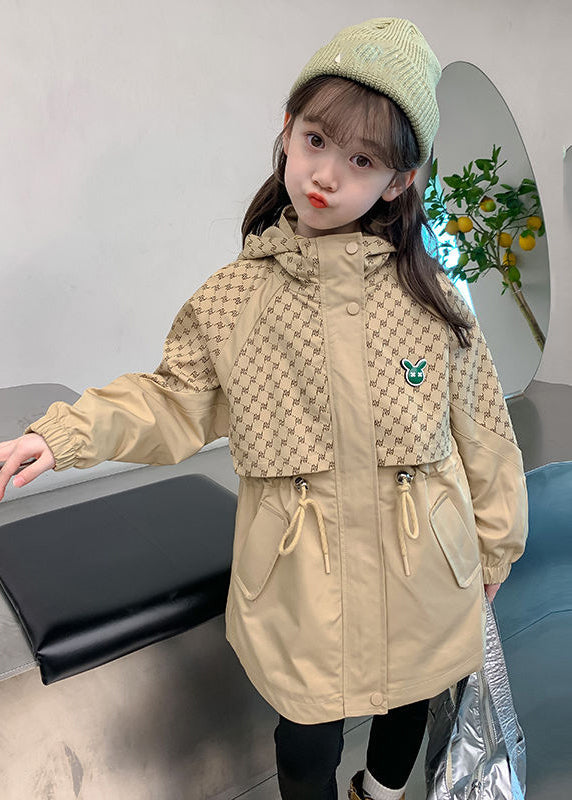 Casual Khaki Kids Stand Collar Drawstring Print Kids Hooded Trench Coat Fall QV032