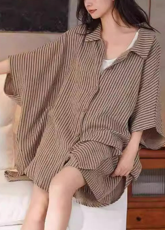 Casual Khaki Peter Pan Collar Striped Shirt And Shorts Two Piece Set Summer QB029