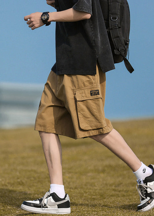 Casual Pockets Shorts Elastic Summer Khaki Mens Cotton Waist
