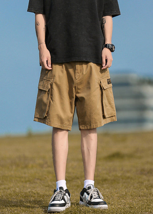 Casual Pockets Shorts Elastic Summer Khaki Mens Cotton Waist