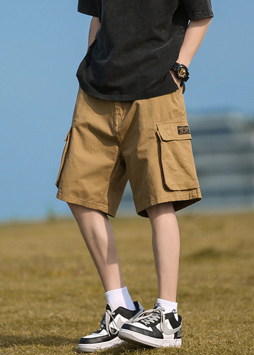 Casual Pockets Shorts Elastic Summer Khaki Mens Cotton Waist