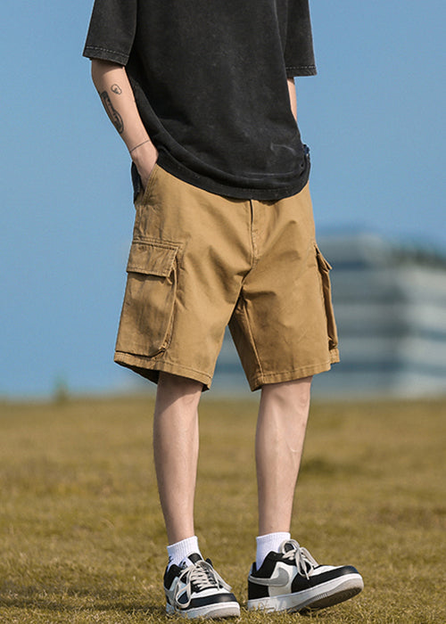 Casual Pockets Shorts Elastic Summer Khaki Mens Cotton Waist
