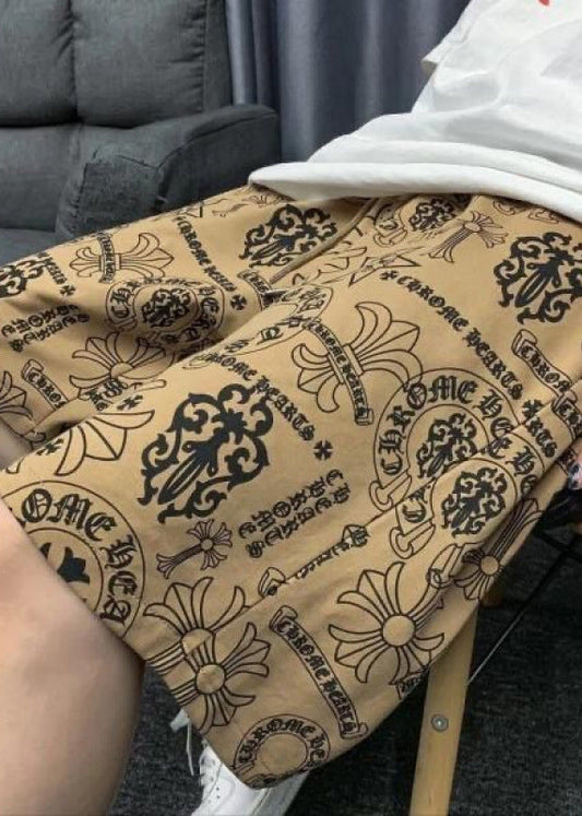 Casual Shorts Waist Mens Cotton Khaki Elastic Print Summer