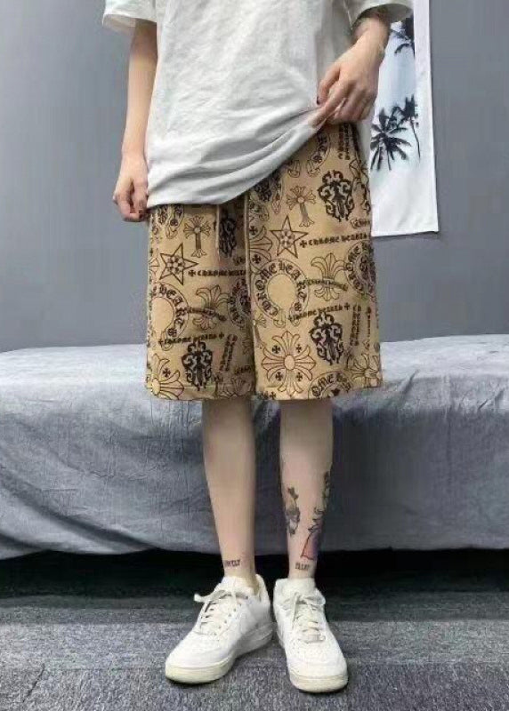 Casual Shorts Waist Mens Cotton Khaki Elastic Print Summer