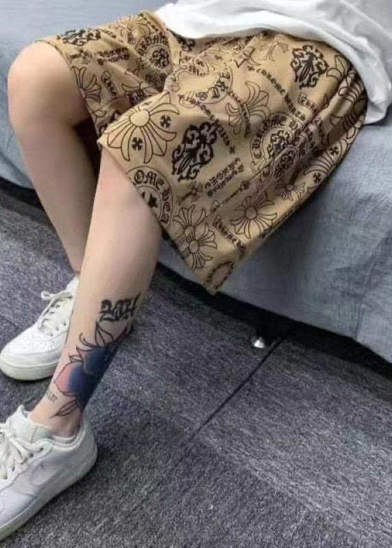 Casual Shorts Waist Mens Cotton Khaki Elastic Print Summer