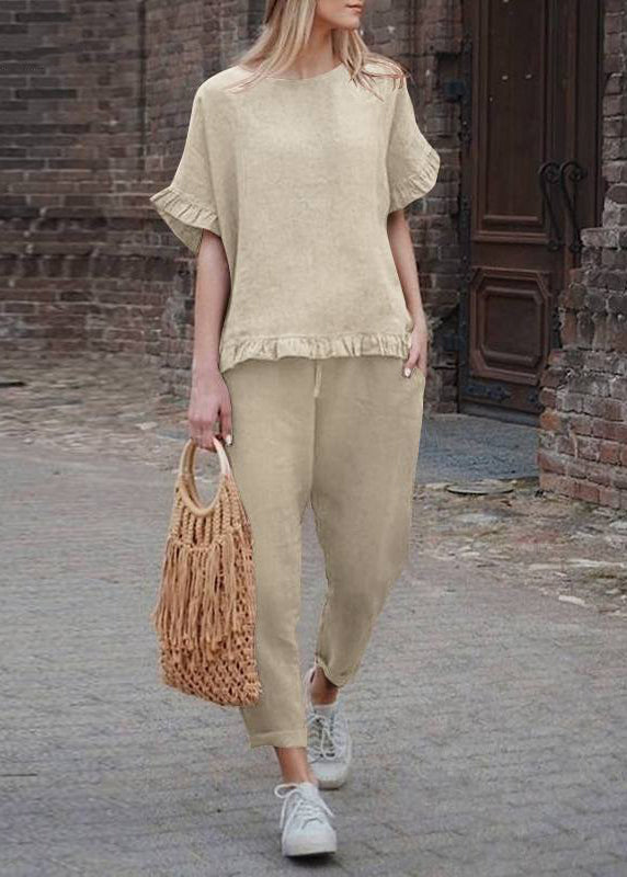 Crop Top Set Casual Khaki And Ruffled Pieces Two Pants Patchwork