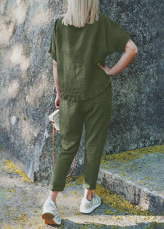 Crop Top Set Casual Khaki And Ruffled Pieces Two Pants Patchwork