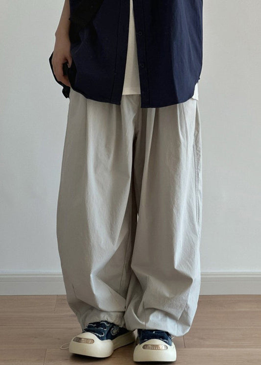 Light Cotton Wide Drawstring Casual Men Leg Pockets Grey Pants