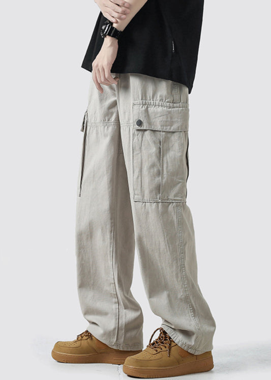 High Mens Grey Casual Crop Pockets Pants Cotton Waist Light