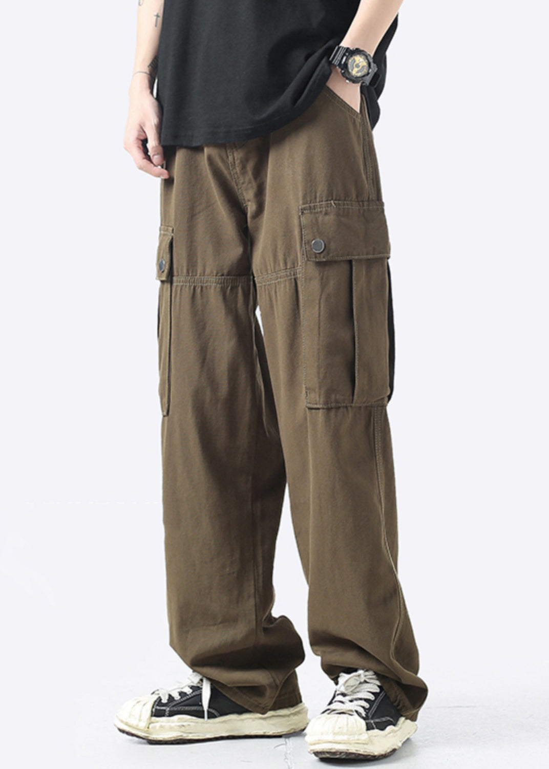 High Mens Grey Casual Crop Pockets Pants Cotton Waist Light