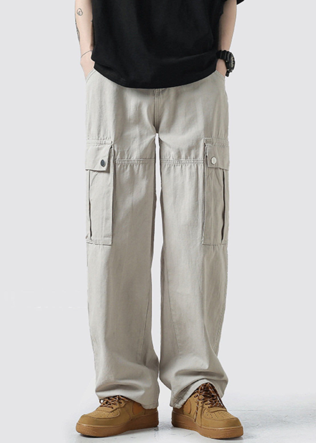 High Mens Grey Casual Crop Pockets Pants Cotton Waist Light