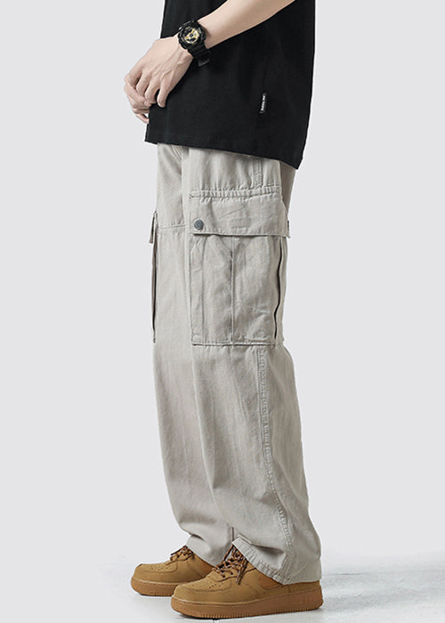 High Mens Grey Casual Crop Pockets Pants Cotton Waist Light