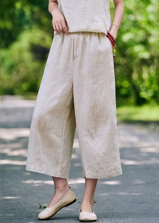 Elastic Pants Summer Waist Casual Pockets Linen Crop