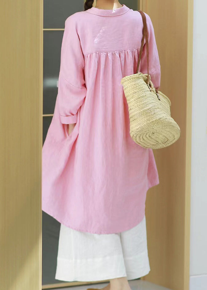Casual Loose Pink Peter Pan Collar Mid Cotton Shirt Top Spring TJ029