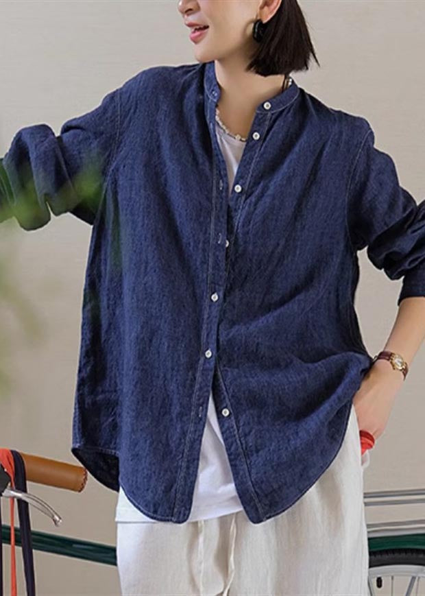 Top Linen Shirt Fall Casual Navy Oversized