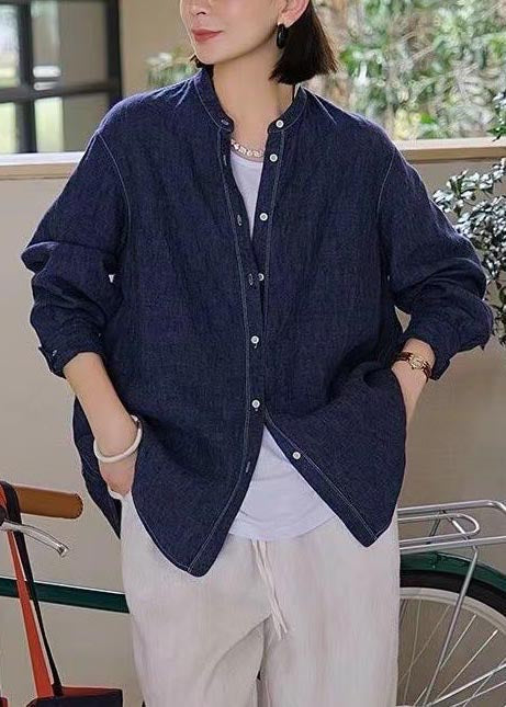 Top Linen Shirt Fall Casual Navy Oversized