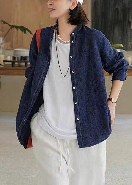 Top Linen Shirt Fall Casual Navy Oversized