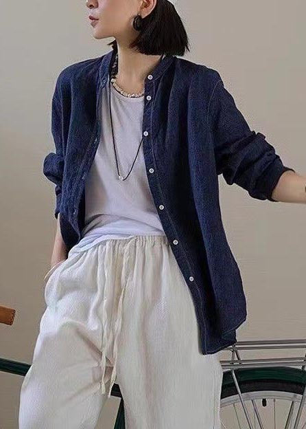 Top Linen Shirt Fall Casual Navy Oversized