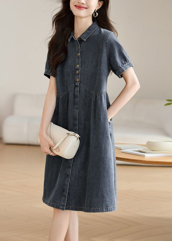 Casual Work Navy Denim Peter Summer Collar Pan Dress