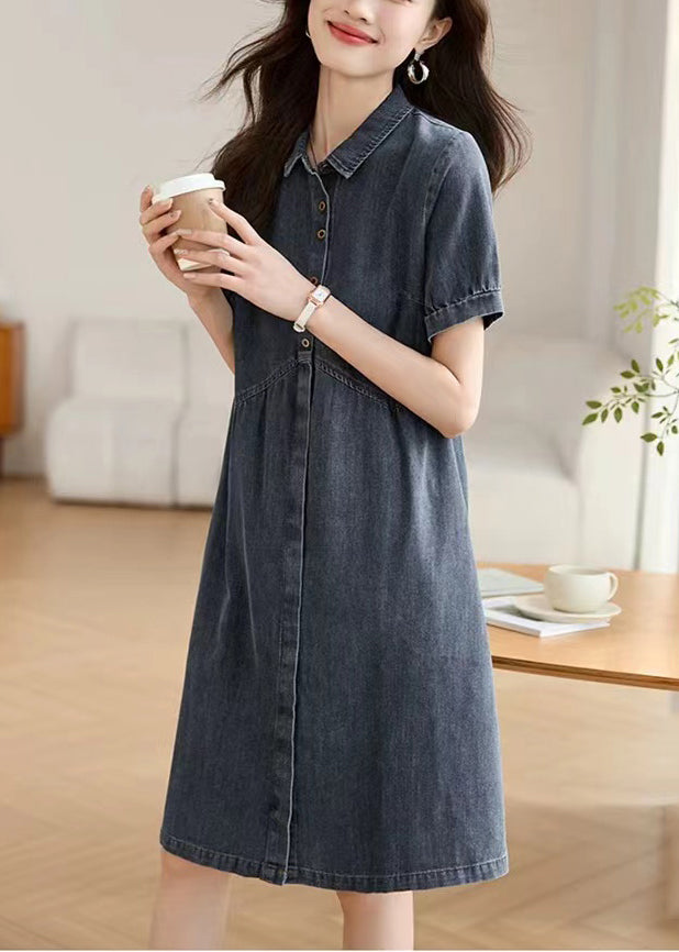 Casual Work Navy Denim Peter Summer Collar Pan Dress