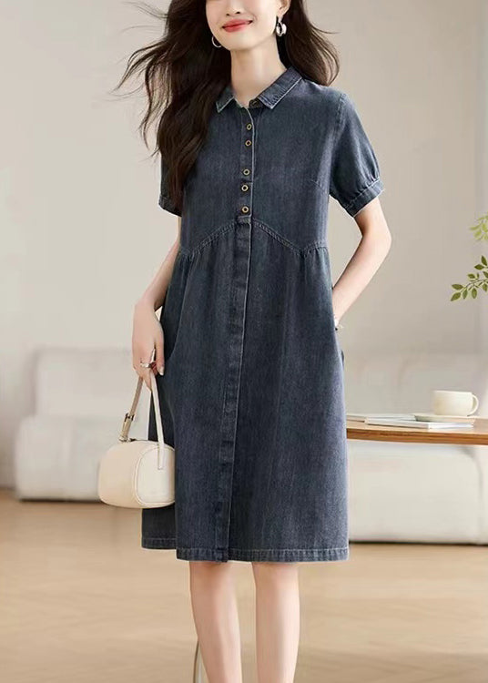 Casual Work Navy Denim Peter Summer Collar Pan Dress