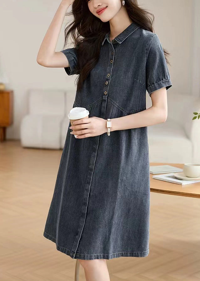 Summer Navy Work Peter Collar Dress Casual Denim Pan