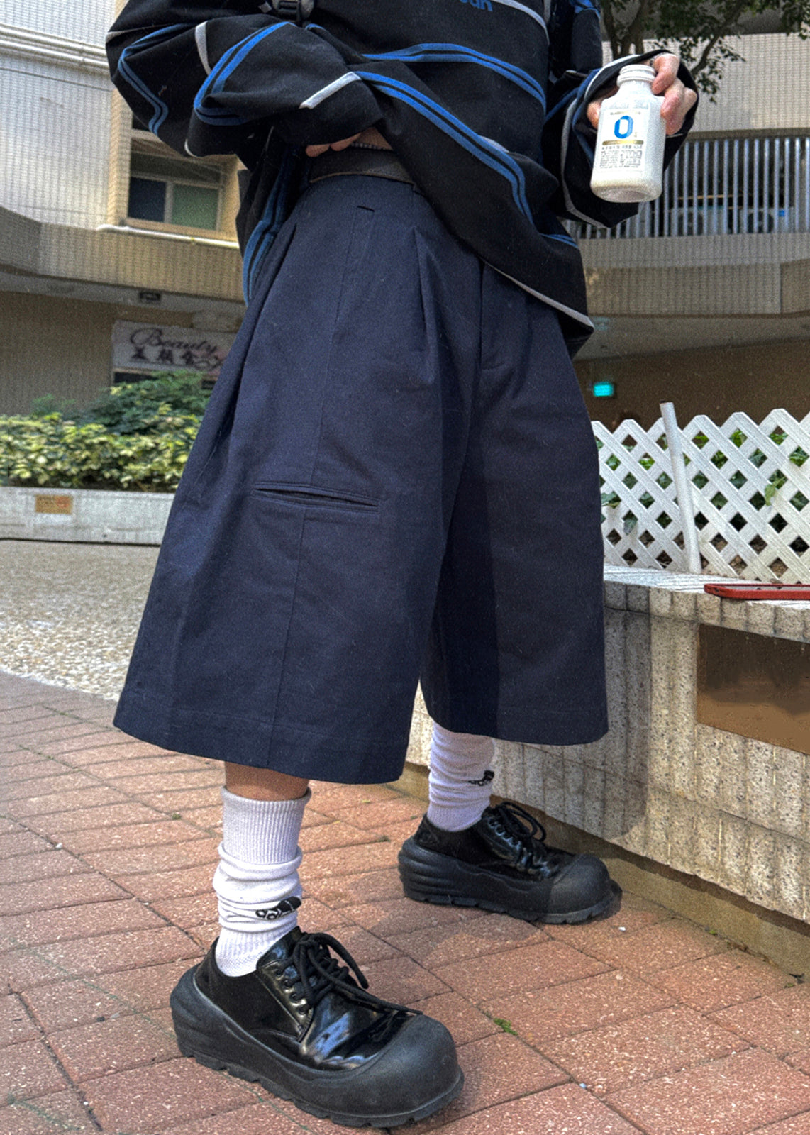 Cotton High Navy Crop Waist Pockets Pants Summer Casual Men