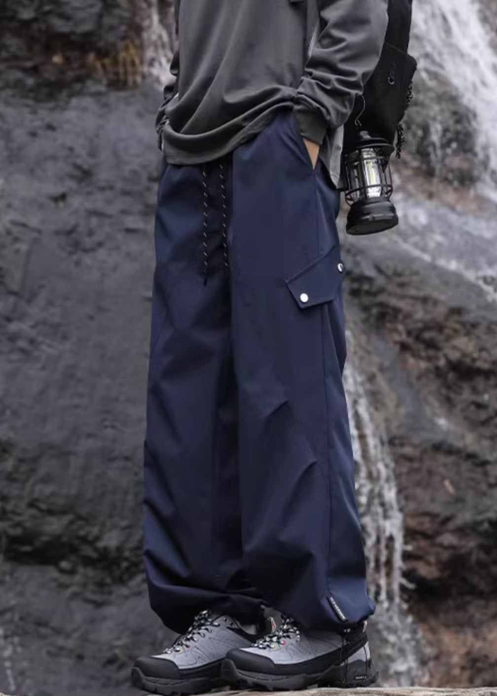 Elastic Lace Pockets Casual Up Navy Mens Cotton Pants Waist