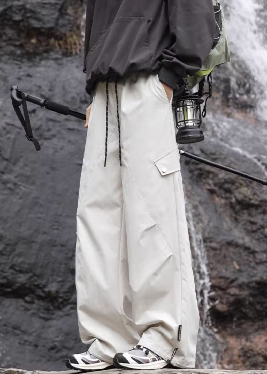 Elastic Lace Pockets Casual Up Navy Mens Cotton Pants Waist