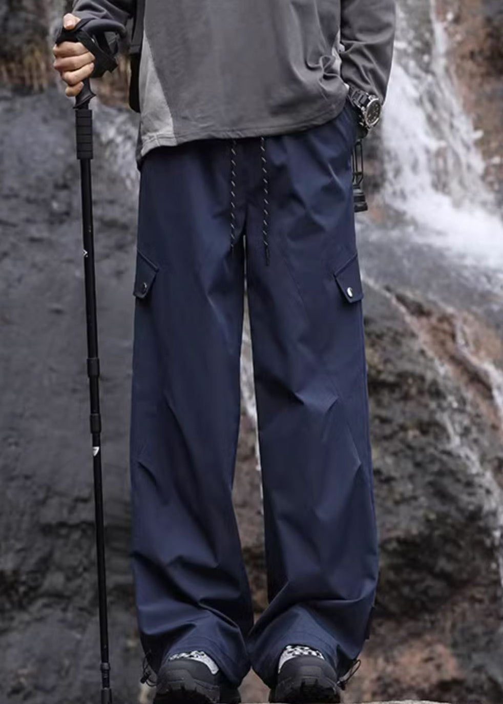 Elastic Lace Pockets Casual Up Navy Mens Cotton Pants Waist