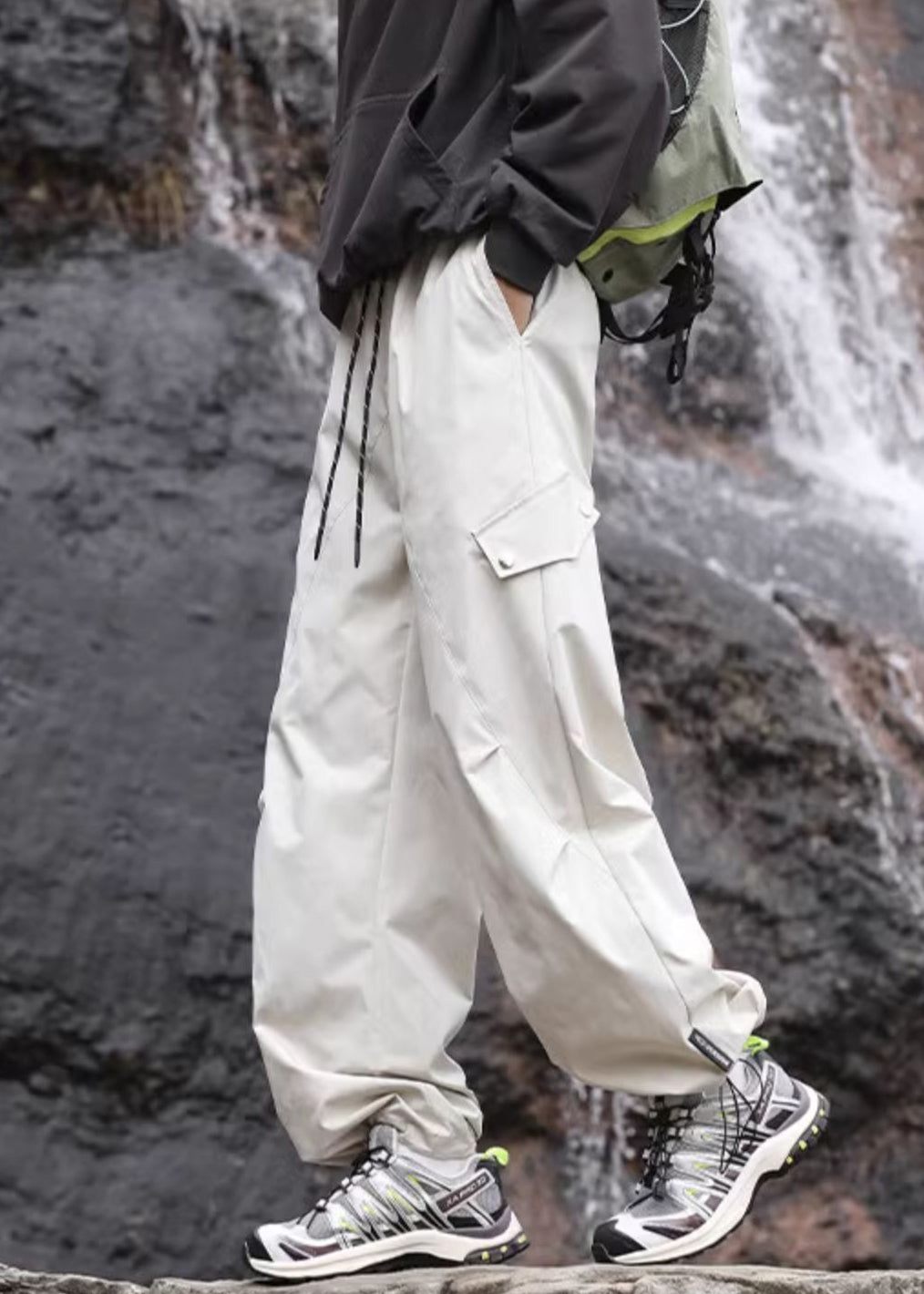 Elastic Lace Pockets Casual Up Navy Mens Cotton Pants Waist