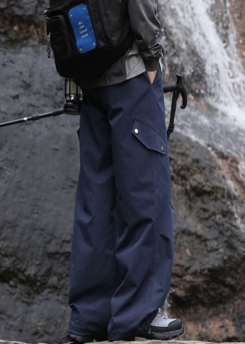 Elastic Lace Pockets Casual Up Navy Mens Cotton Pants Waist