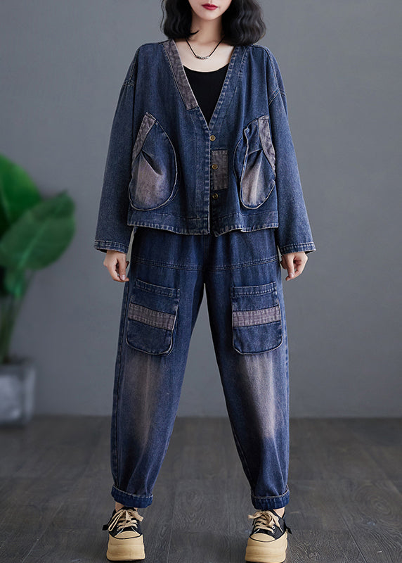 Casual Navy V Neck Patchwork Denim Coats And Harem Pants Two Pieces Sets Long Sleeve AP032